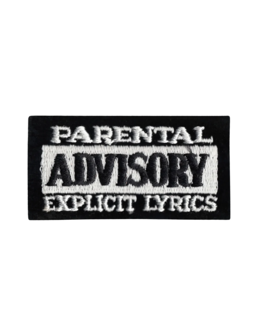 Parental advisory explicit lyrics black and white embroidered iron on sew on patch by Square Deal Recordings sold by Le Monkey House