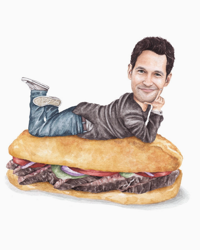 Paul Rudd celebs on Sandwiches 8x10 watercolor print sold by Le Monkey House