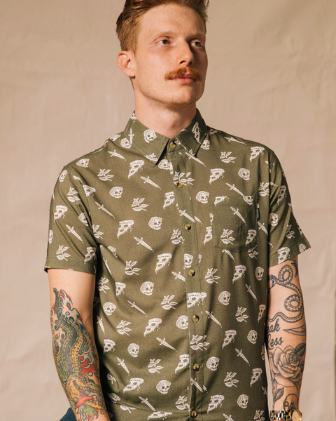 Pizza Slayer Button Up Shirt by Pyknic Sold by Le Monkey House