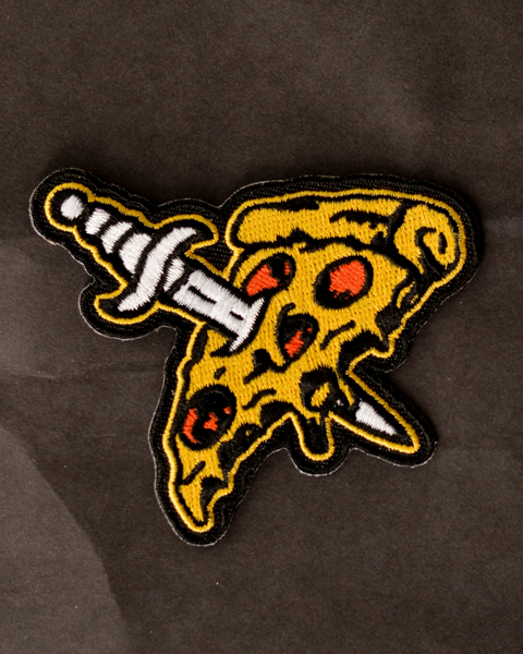 Pizza slayer embroidered iron on patch by Pyknic sold by Le Monkey House