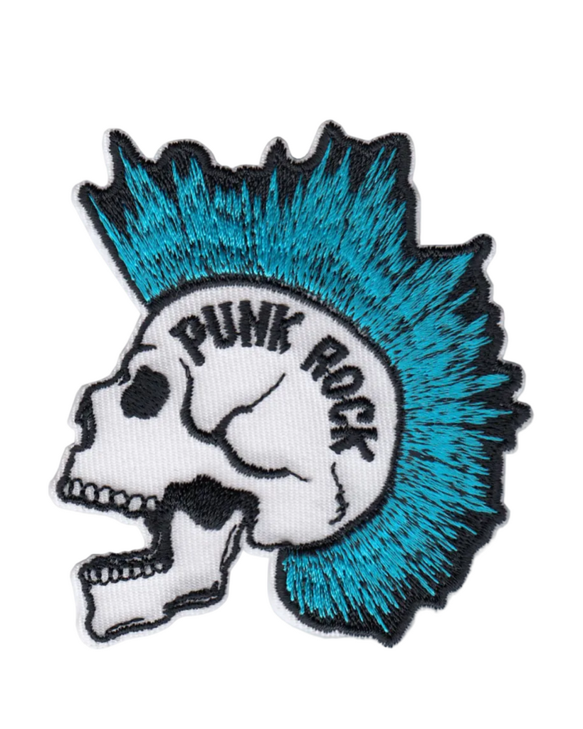 Punk rock skull patch blue mohawk embroidered Iron on patch by Square Deal Recordings sold by Le Monkey House