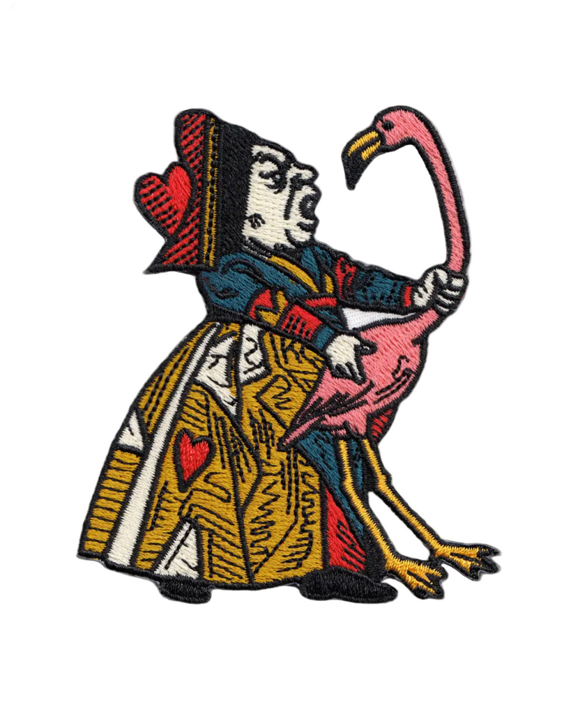 Queen of Hearts strangling flamingo embroidered iron on patch by Square Deal Recordings sold by Le Monkey House