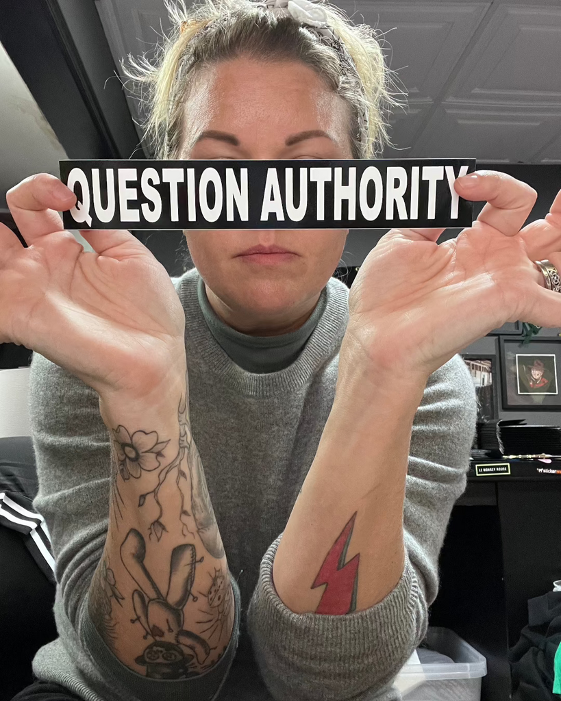 Question authority sticker by Square Deal Recordings sold by Le Monkey House