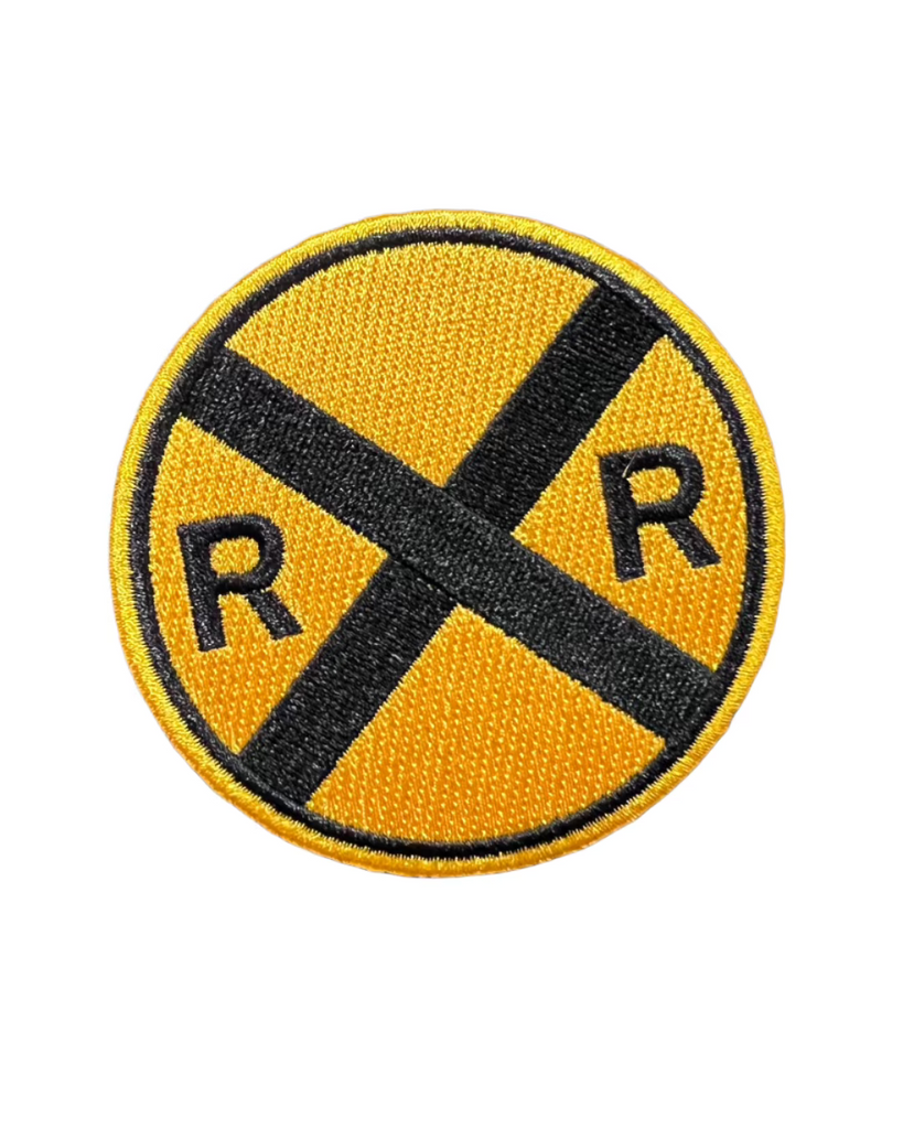 Railroad Crossing black and yellow embroidered iron on patch by Square Deal Recordings sold by Le Monkey House