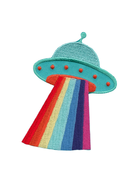 Rainbow space UFO embroidered iron on patch by Square deal recordings sold by Le Monkey House