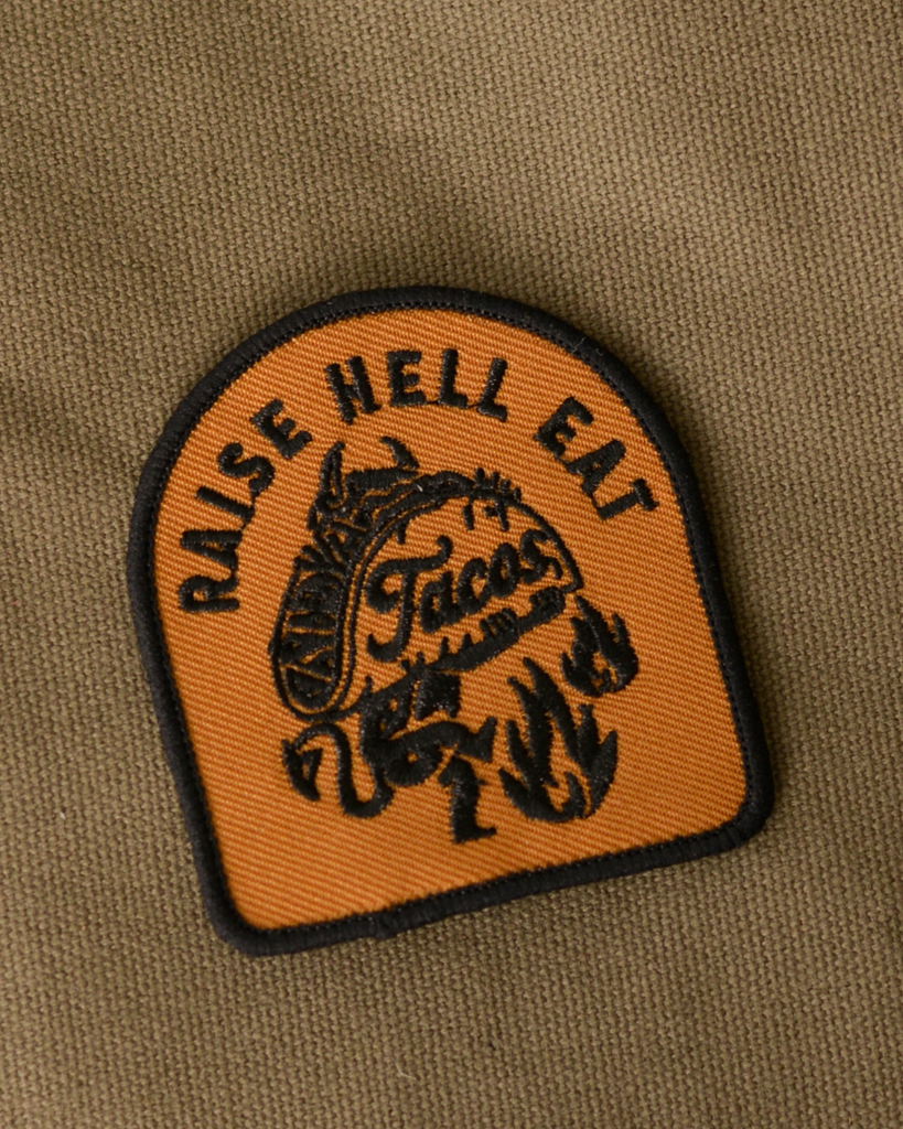 Raise hell eat tacos embroidered twill iron on patch by Pyknic sold by Le Monkey House