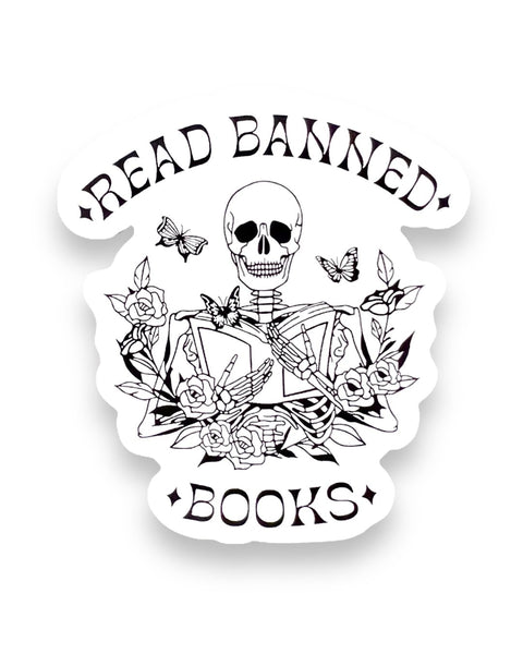 Read banned books skeleton sticker by Ace the Pitmatian sold by Le Monkey House