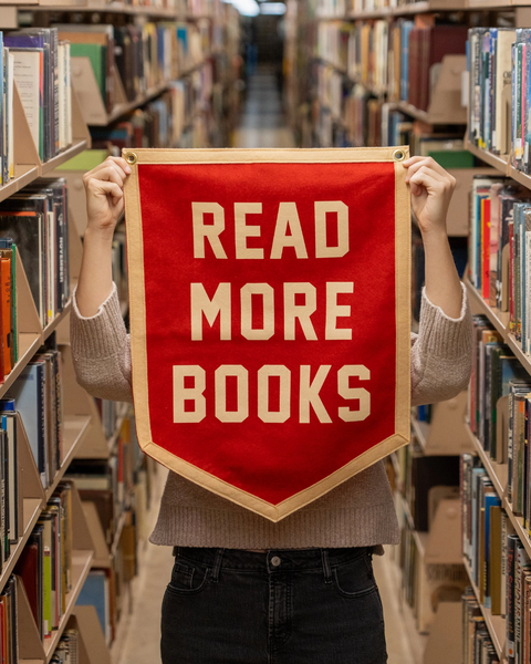 Read more books cream and red felt screenprinted camp flag by Oxford Pennant sold by Le Monkey House