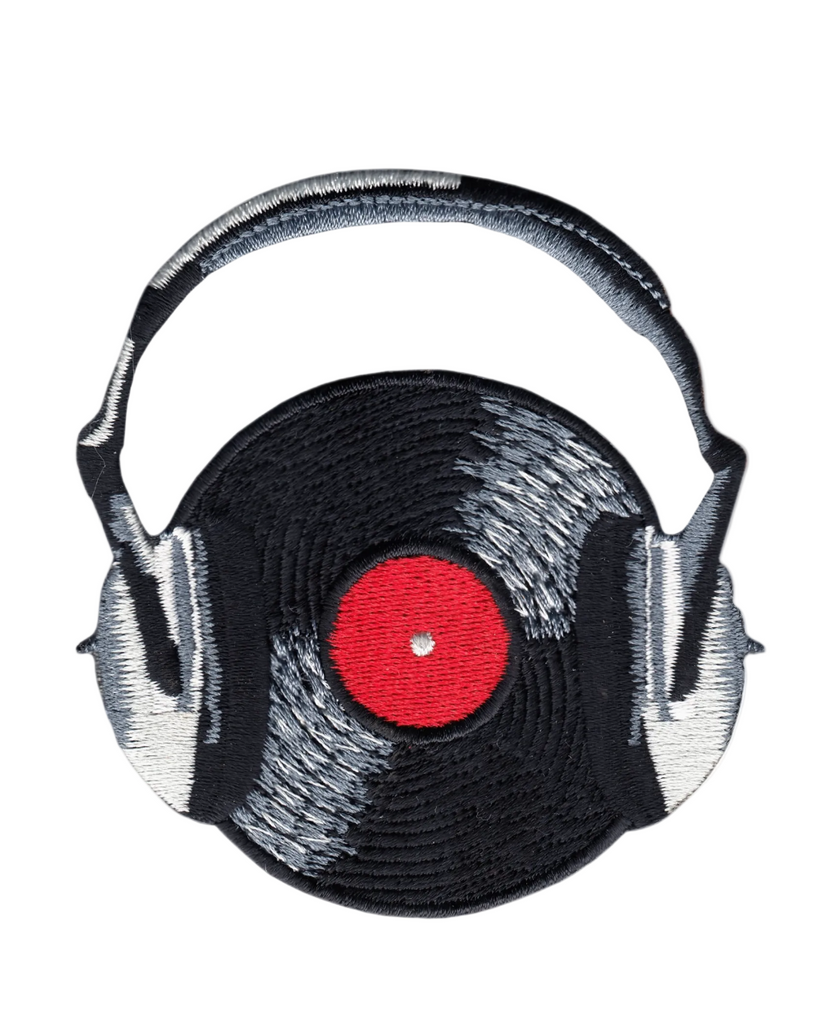 record with headphones patch embroidered Iron on patch by Square Deal Recordings sold by Le Monkey House