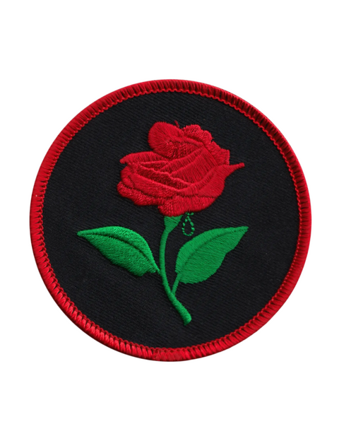 Red Rose on black background round  iron on patch by Square deal recordings sold by Le Monkey House