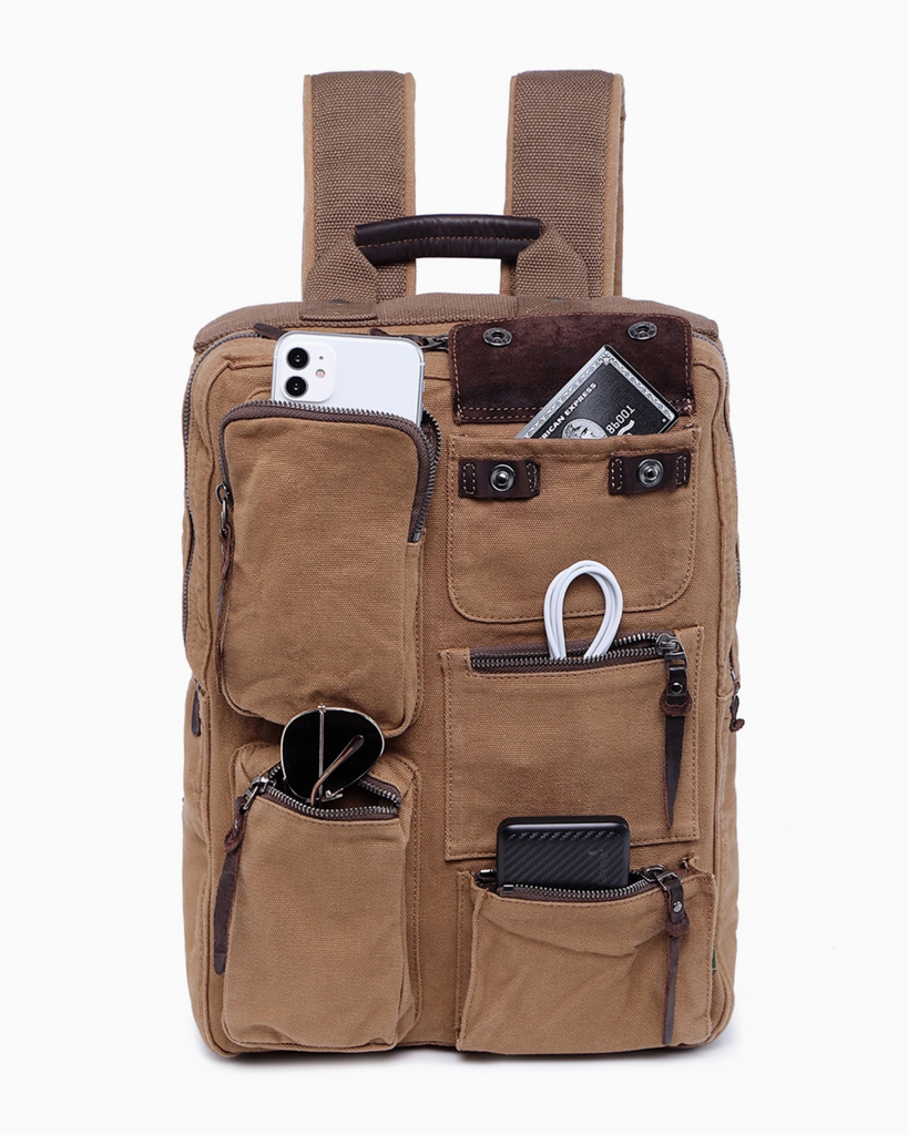 Ridge Valley canvas and leather backpack by TSD Brand sold by Le Monkey House 