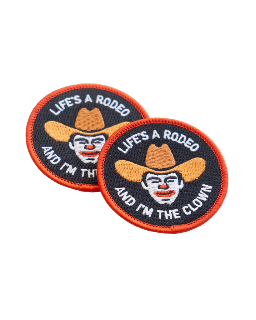 Rodeo clown embroidered iron on patch by Union Made, sold by Le Monkey House