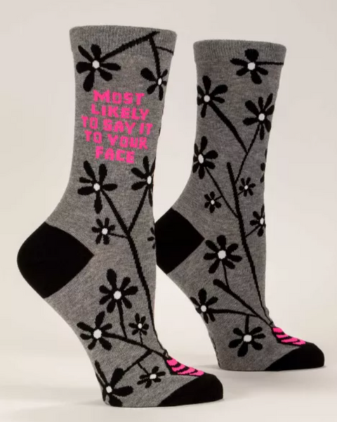 Most likely to say it to your face women's socks by Blue Q, sold by Le Monkey House Culpeper, Virginia