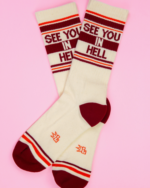 See you in hell gym socks, retro tube socks, made by Gumball Poodle sold by Le Monkey House