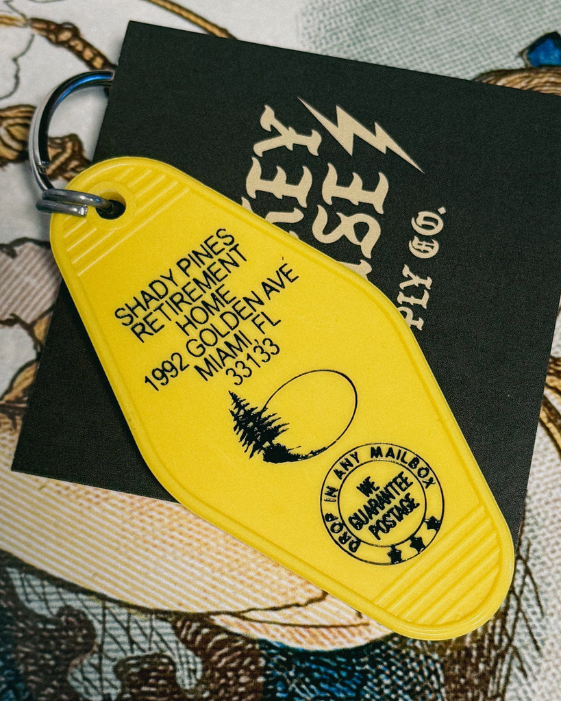 Shady Pines, Golden Girls, Retirement Home, funny retro style motel keychain, keyfob, by Three Sisters Design Co, sold by Le Monkey House