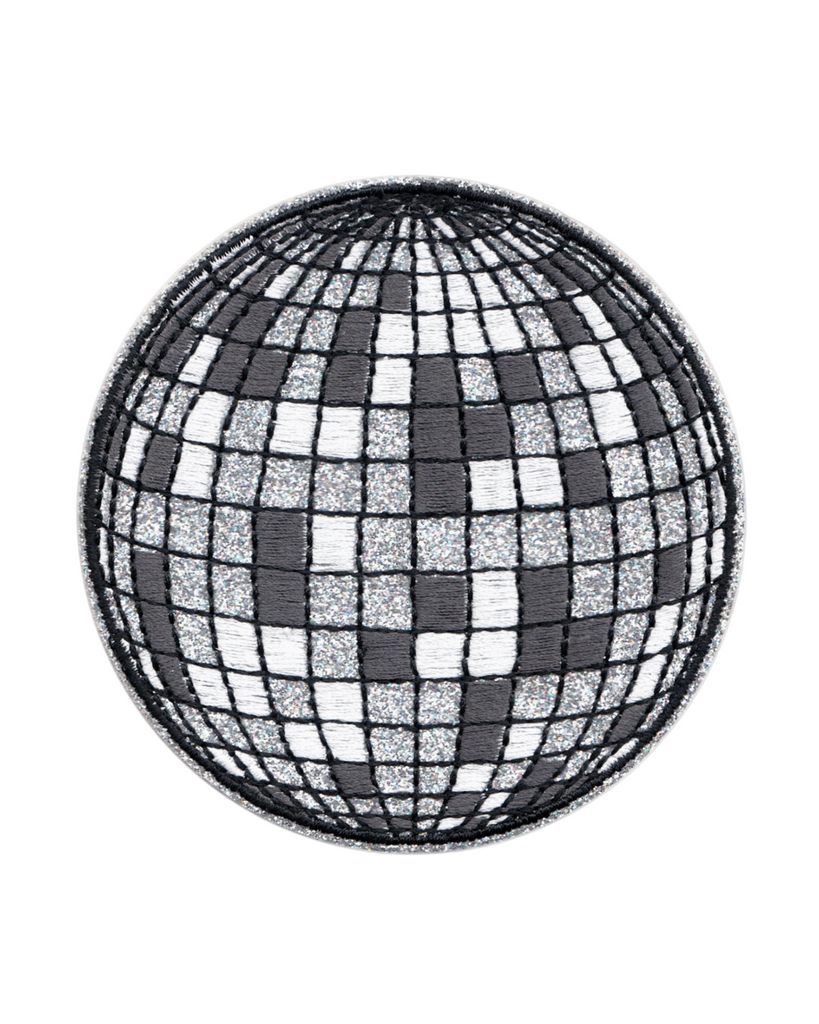 Shiny disco ball iron on patch from square deal recordings sold by Le Monkey House