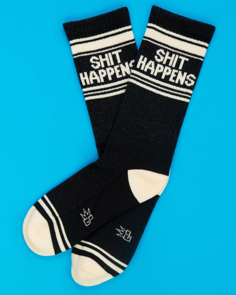 Shit happens black and white retro style gym socks by Gumball Poodle sold by Le Monkey House