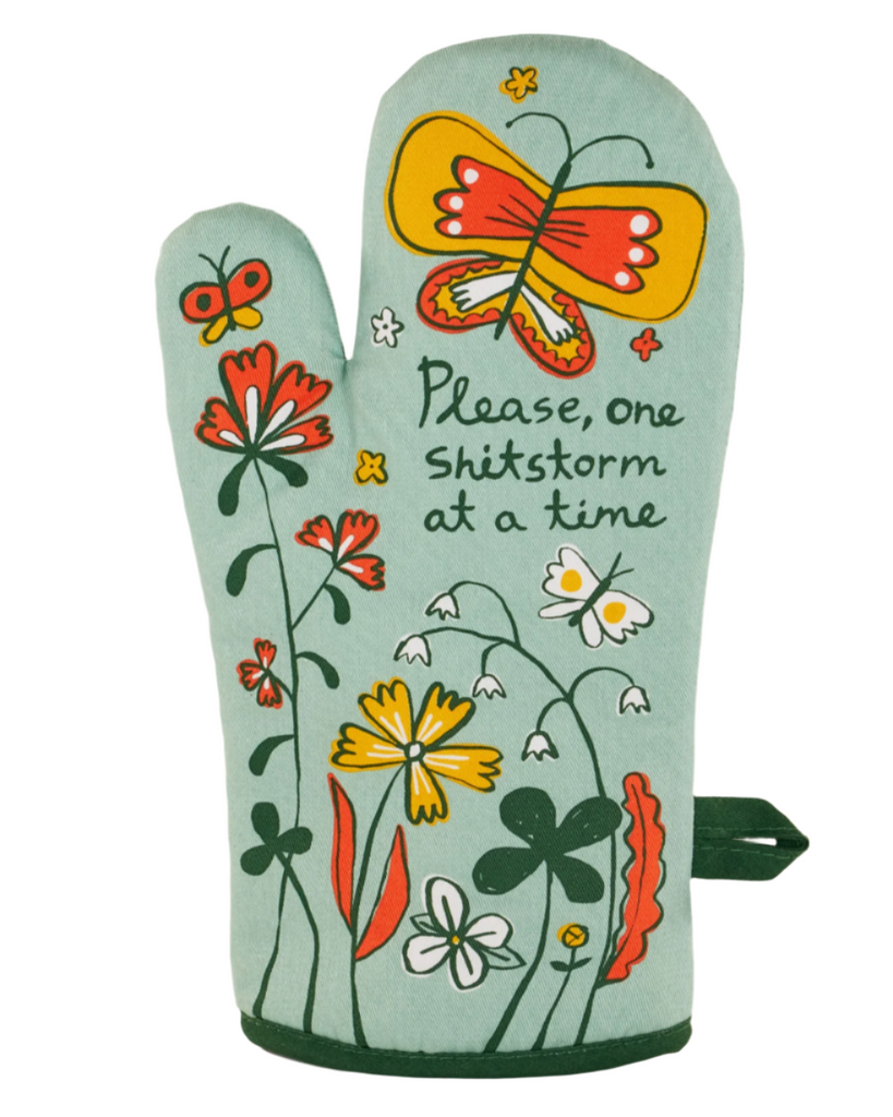 Please, one shit storm at a time oven mitt by Blue Q sold by Le Monkey House