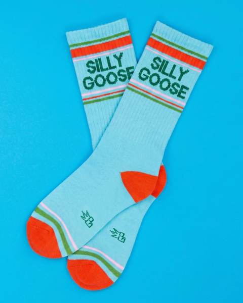 Silly Goose blue and red retro stripes vintage gym socks by Gumball Poodle sold by Le Monkey House