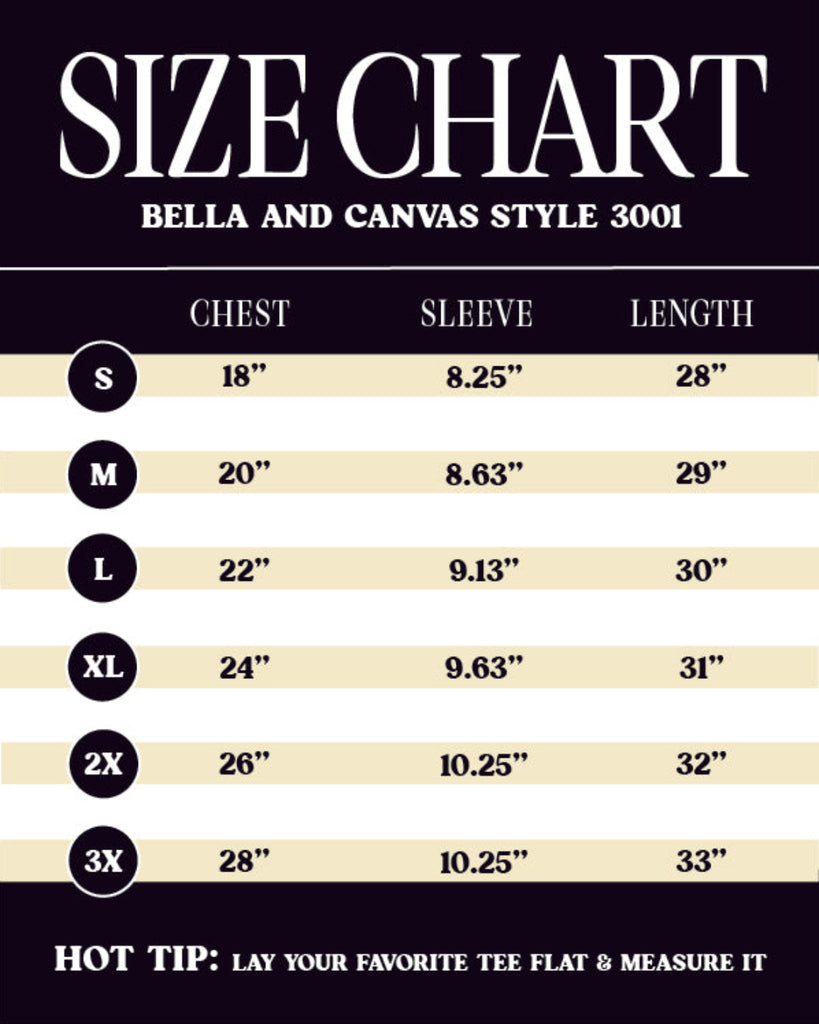 Size Chart bella and canvas style 3001