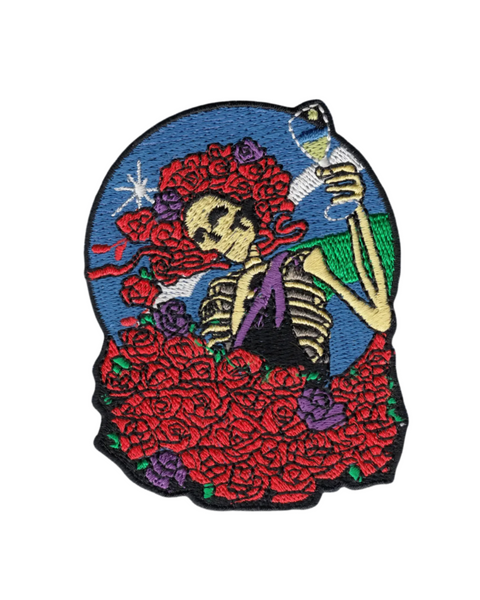 Grateful skeleton with roses and wine glass  iron on sew on patch by Square Deal Recordings sold by Le Monkey House