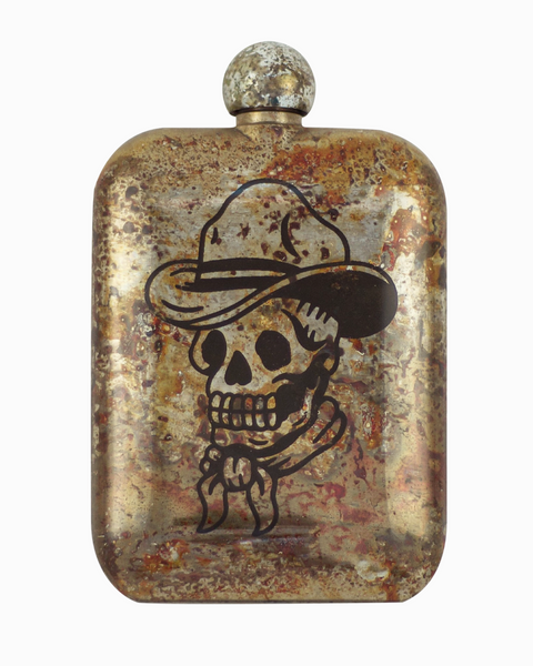 Skeleton cowboy whiskey flask by the sneerwell sold by Le Monkey House