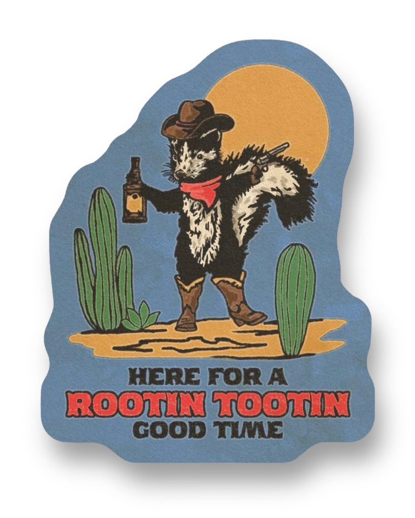 Here For A Rootin Tootin Good Time Skunk Cowboy Sticker by Clusterfunk Studio Sold by Le Monkey House