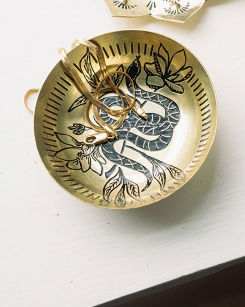 Round etched brass snake dish by Matr Boomie Fair Trade sold by Le Monkey House