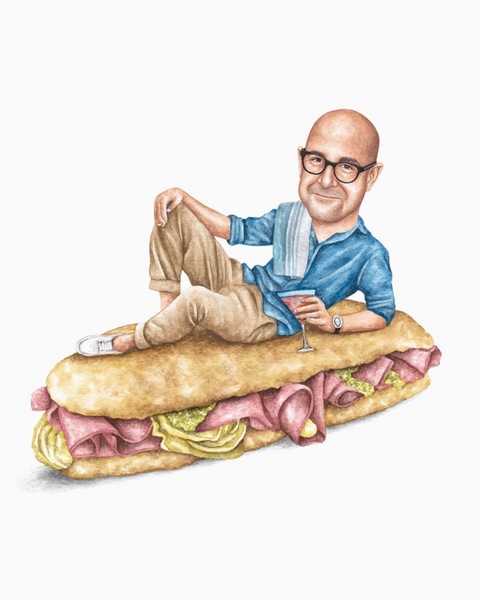 Stanley Tucci on a prosciutto and artichoke panino Celebs on Sandwiches watercolor drawing painting print sold by Le Monkey House