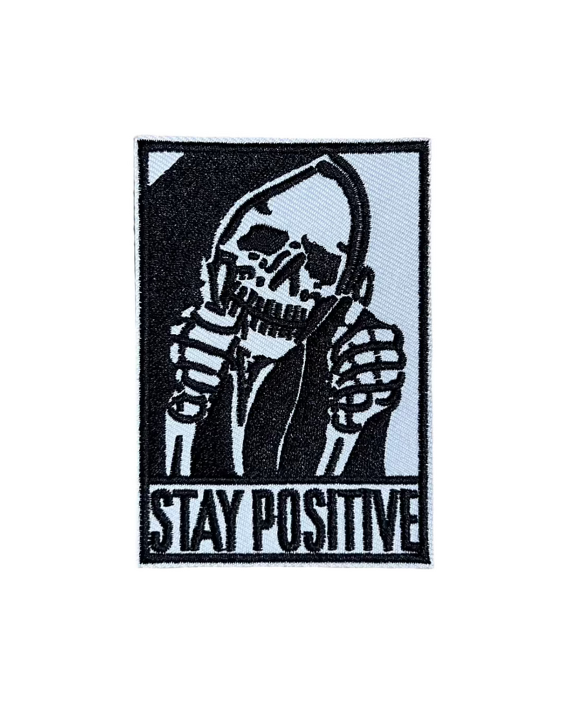 Stay Positive Grim Reaper embroidered iron on patch sold by Le Monkey House