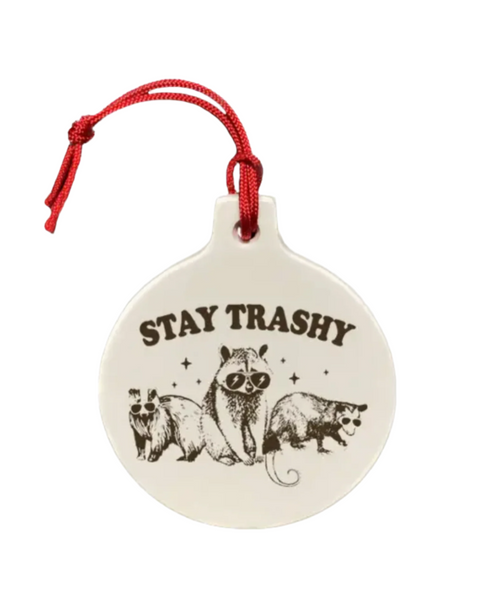 Stay Trashy scavenger raccoon possum porcelain round Holiday Ornament by The Cheeky Tree sold by Le Monkey House