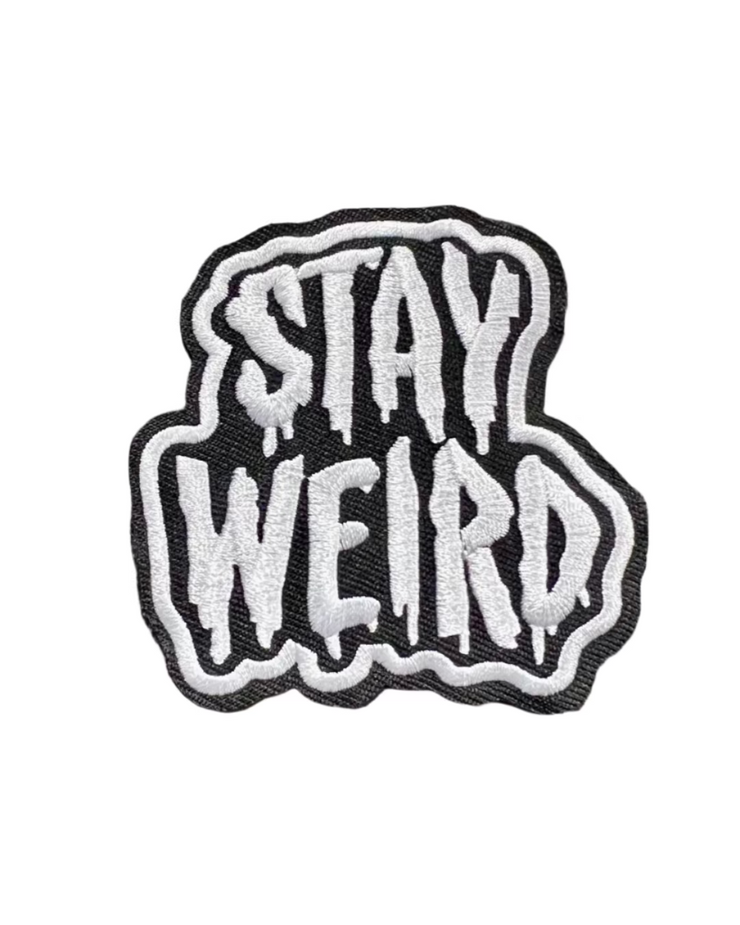 Stay Weird white and black embroidered iron on patch sold by Le Monkey House