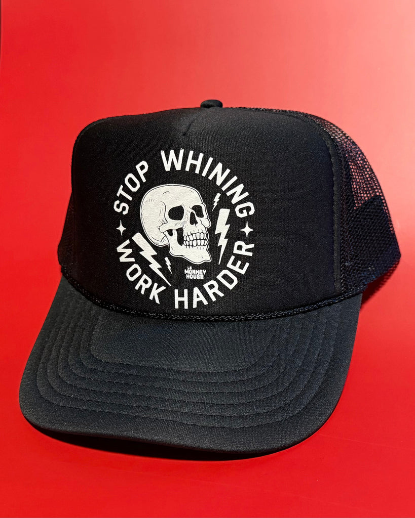 Stop Whining work harder black mesh back trucker hat by Le Monkey House