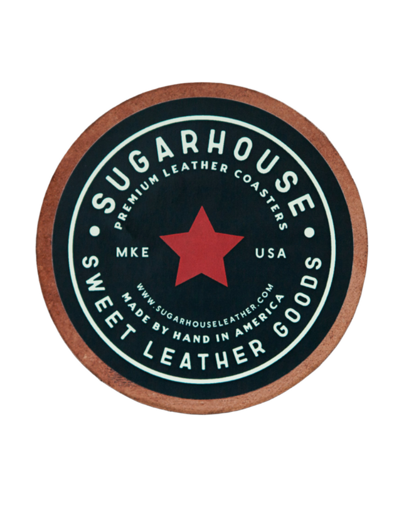 Premium handmade leather coaster back with sugarhouse leather logo 
