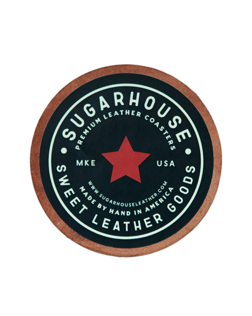 handmade round Leather coaster by sugarhouse leather sold by Le Monkey House