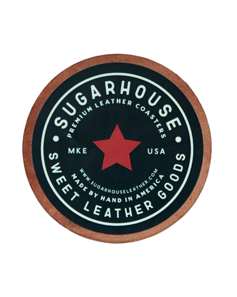 Sugarhouse premium handmade leather coaster back - logo sold by Le Monkey House