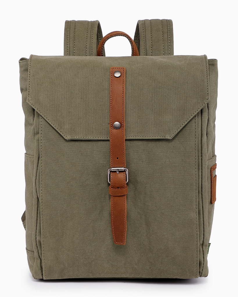 Sunny trail olive green leather and canvas backpack by TSD Brand sold by Le Monkey House