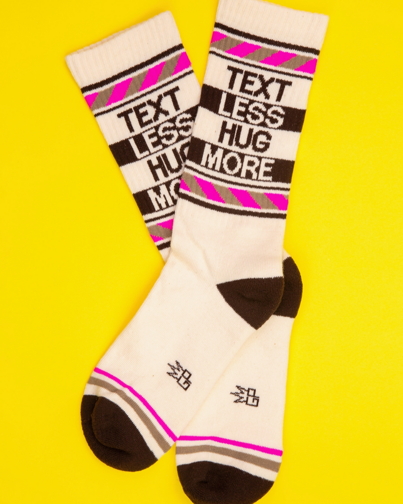 Text less hug more gym socks by Gumball Poodle sold by le Monkey House