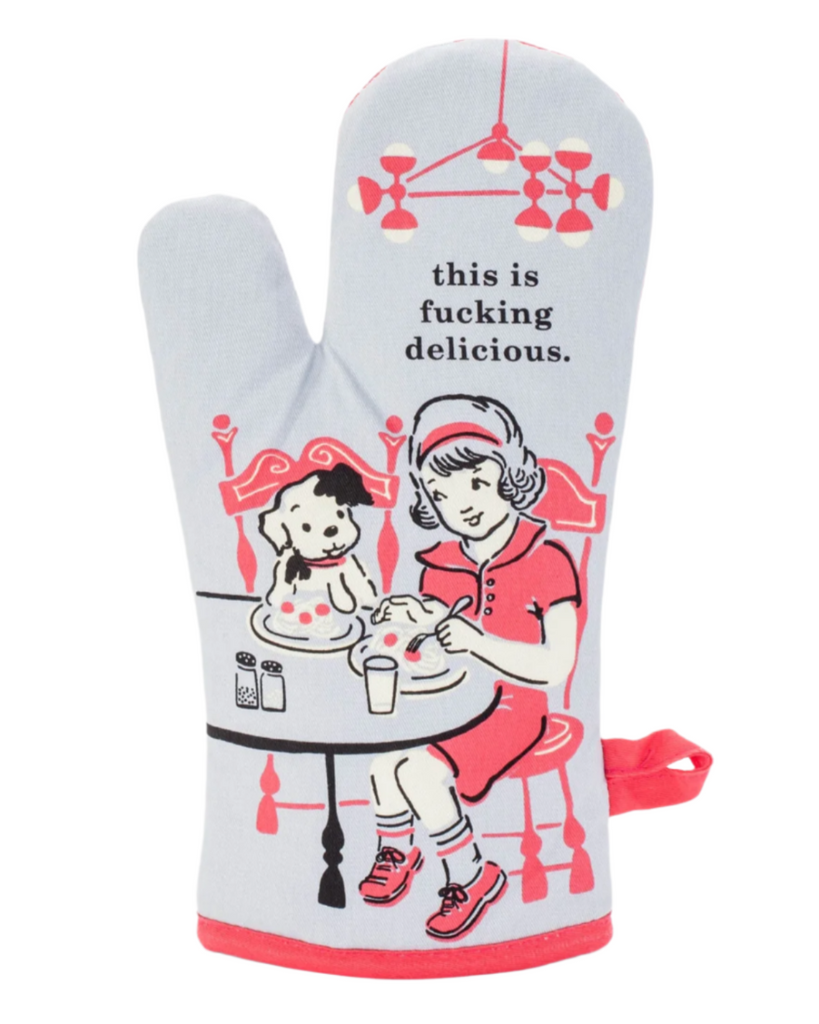This is fucking delicious vintage style illustration oven mitt by Blue Q sold by Le Monkey House