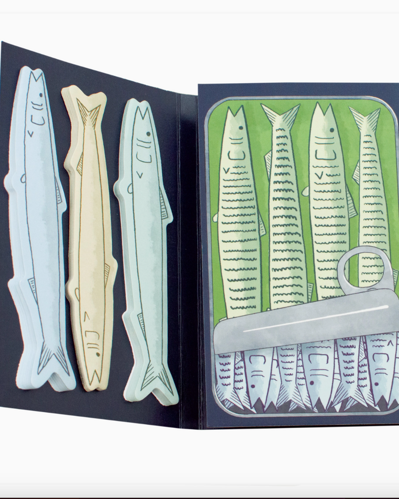 tinned fish sticky notebook by Unemployed Philosophers Guild sold by Le Monkey House