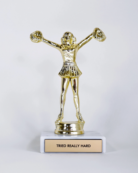 Tried really hard cheerleader trophy by Johnny and June sold by Le Monkey House