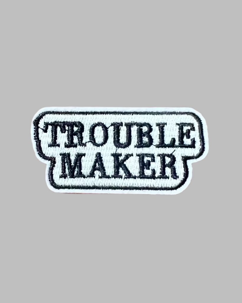 Trouble Maker black and white embroidered iron on patch sold by Le Monkey House