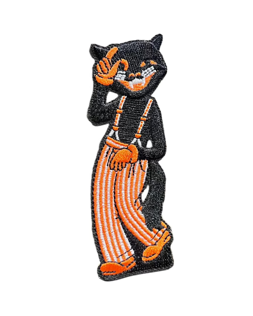 Vintage style Halloween winking black cat iron-on embroidered patch sold by Le Monkey House