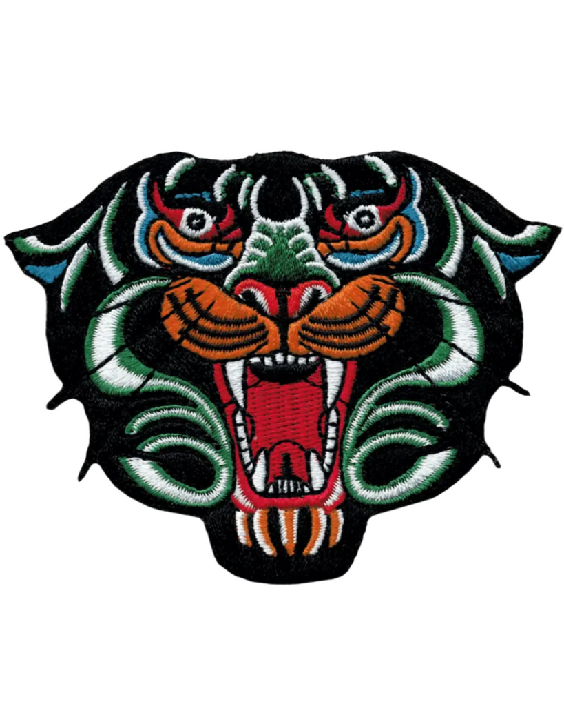 Vintage tattoo style black panther face embroidered iron on sew on patch by Square Deal Recordings sold by Le Monkey House
