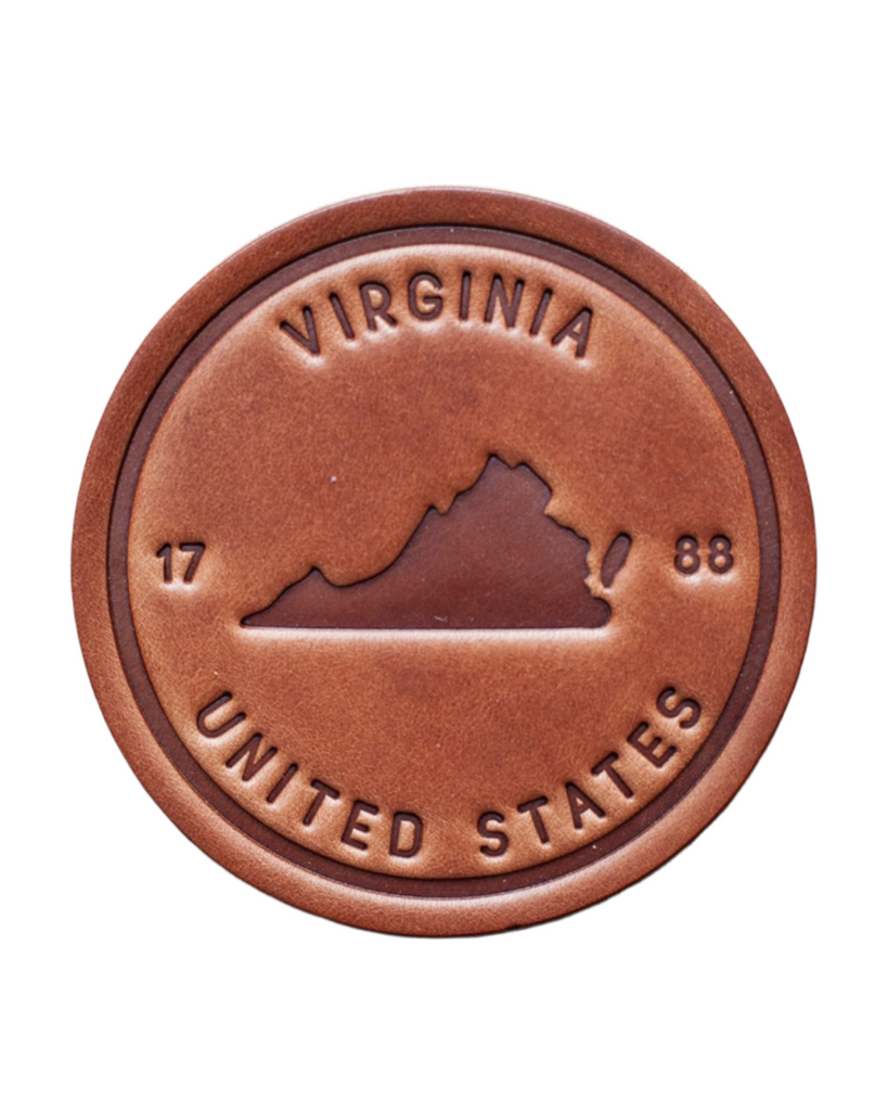Virginia state outline handmade leather coaster by Sugarhouse Leather sold by Le Monkey House