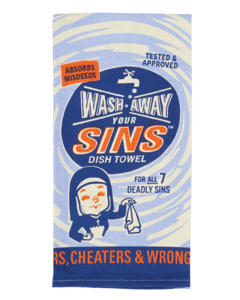 Wash away you sins dish towel, vintage style kitchen towel by Blue Q, sold by Le Monkey House