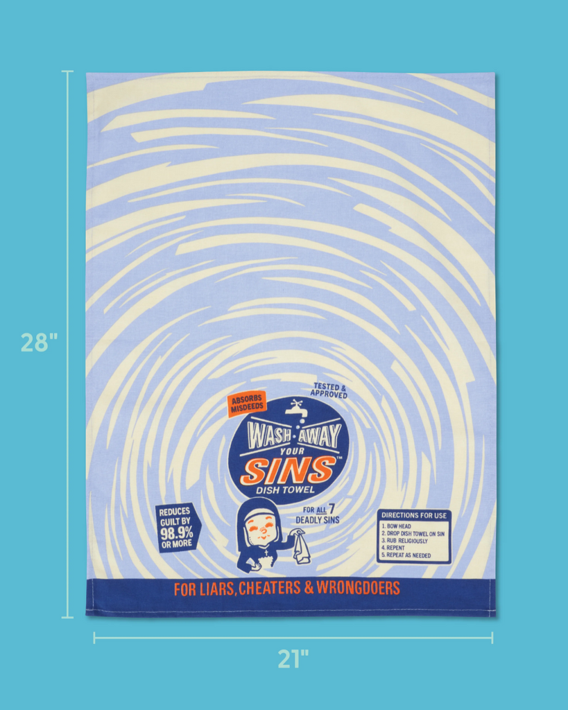 Wash away you sins dish towel, vintage style kitchen towel by Blue Q, sold by Le Monkey House