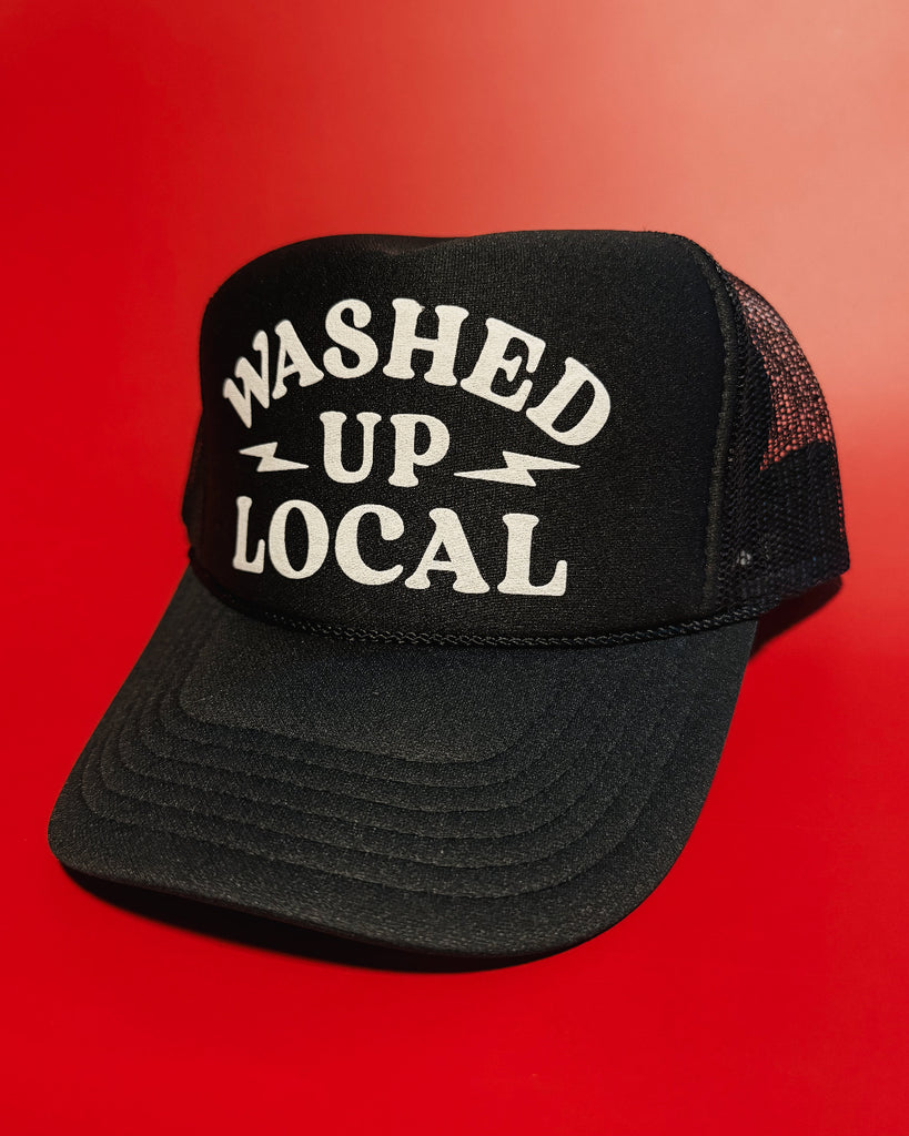 Washed up local black and white trucker hat by Le Monkey House - Foam front mesh back OTTO brand hat