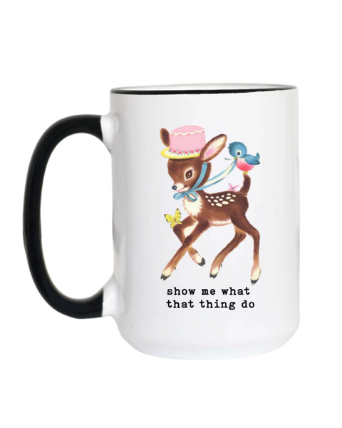 Show me what that thing do coffee tea mug by Mugsby sold by Le Monkey House