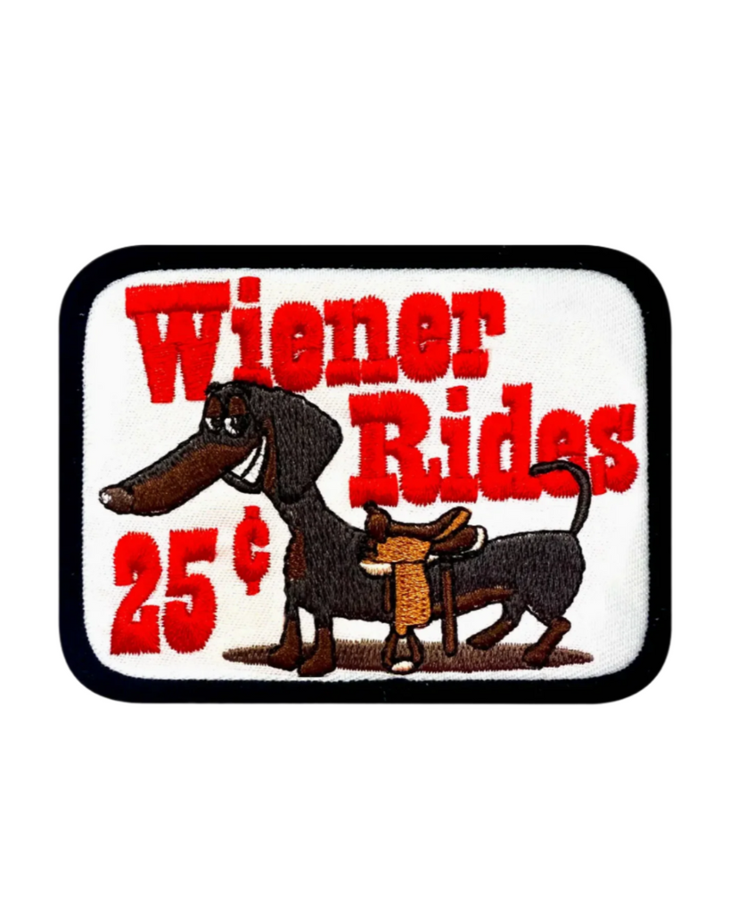 Wiener Rides 25 cents funny twill embroidered iron on patch by We Big Moto sold by Le Monkey House